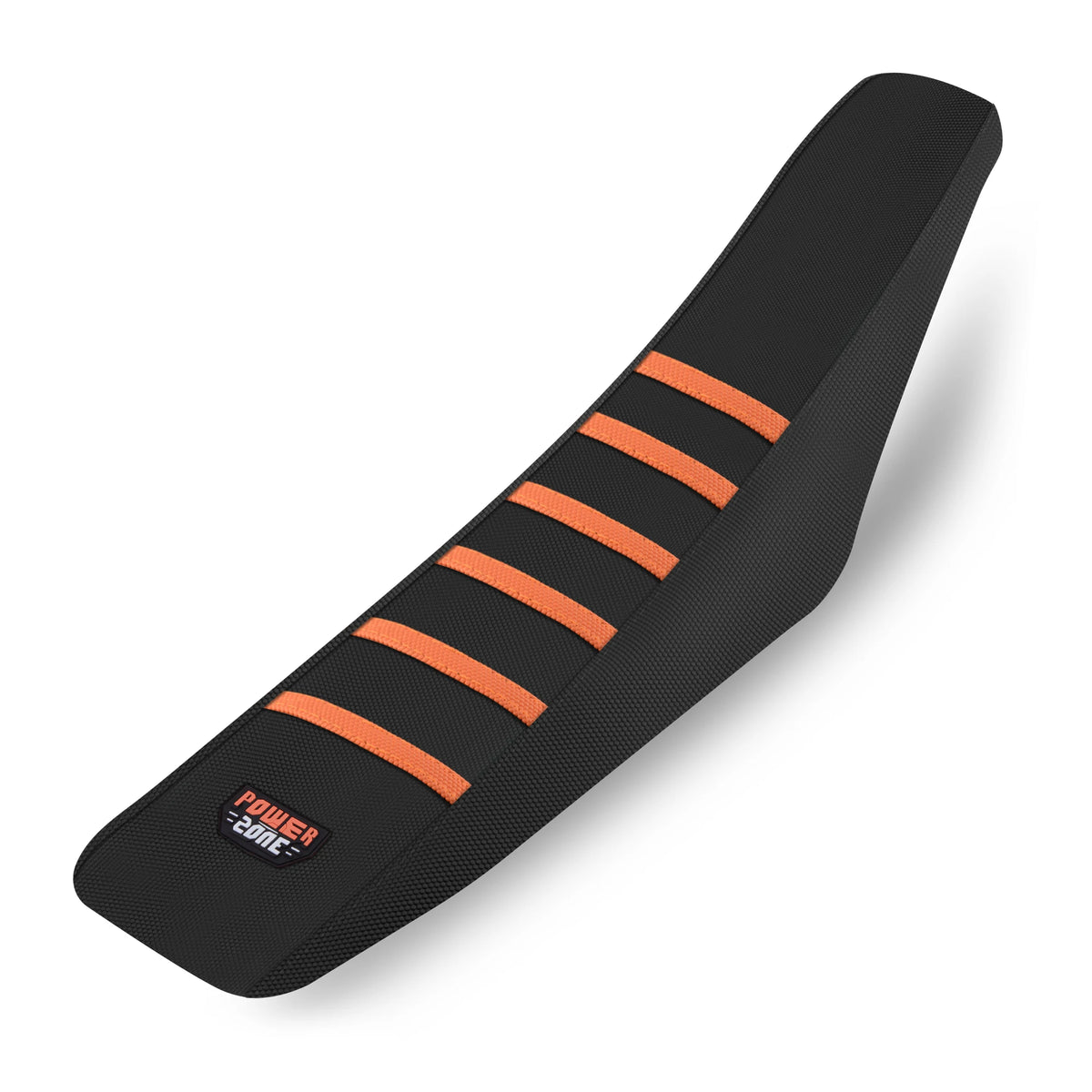 Black ribbed motorcycle seat cover with orange stripes shown from the side.