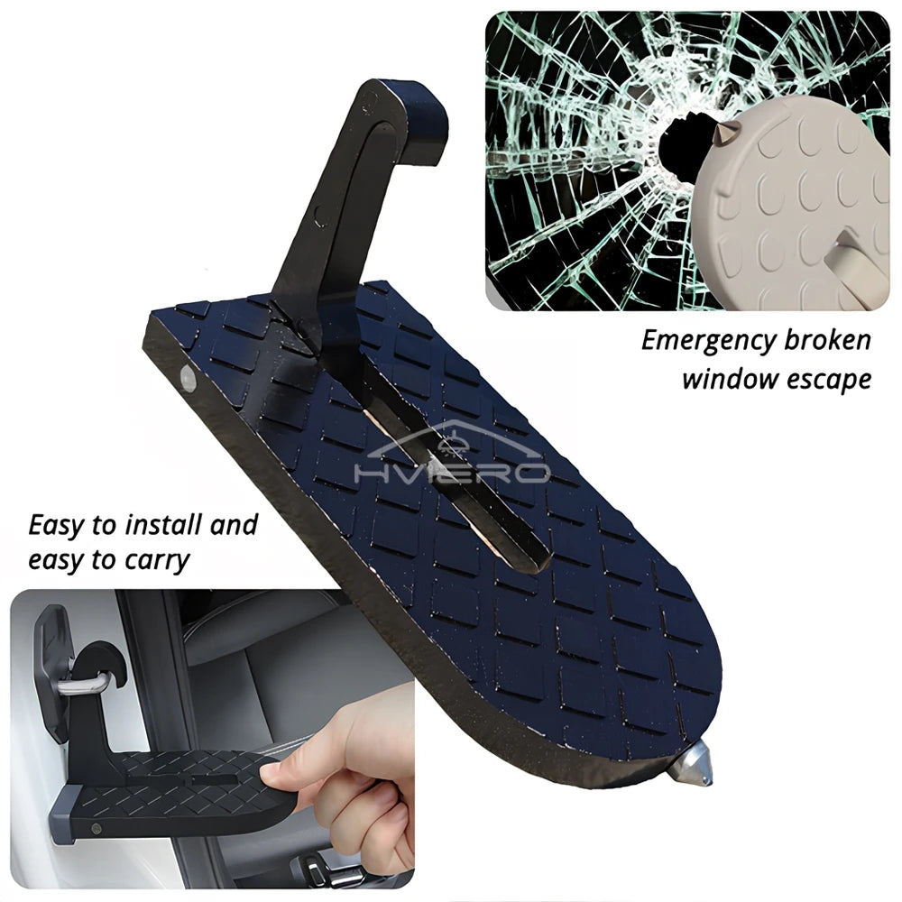 A dark blue multi-functional car roof access step and hook is shown with an emergency window escape demonstration.
