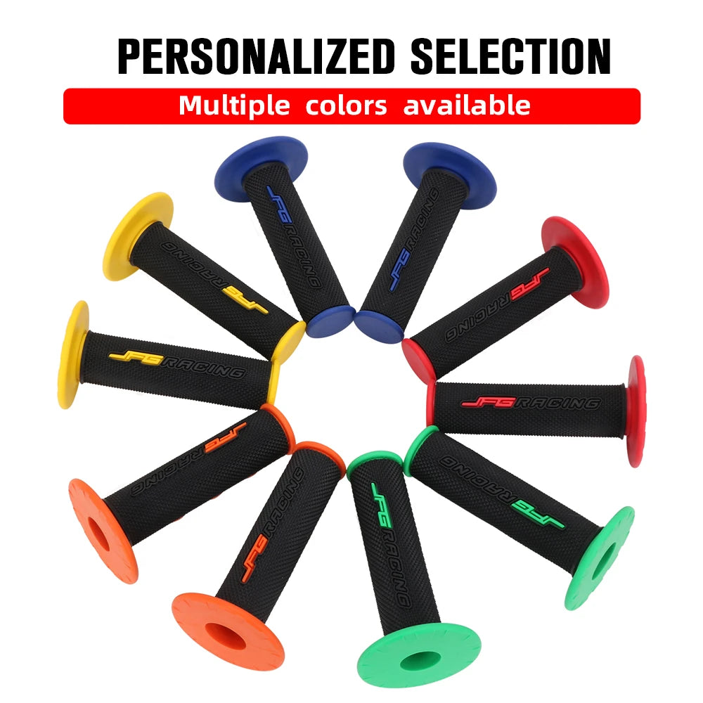 A variety of black and colored motorcycle handlebar grips are displayed, showing multiple colors available for selection.