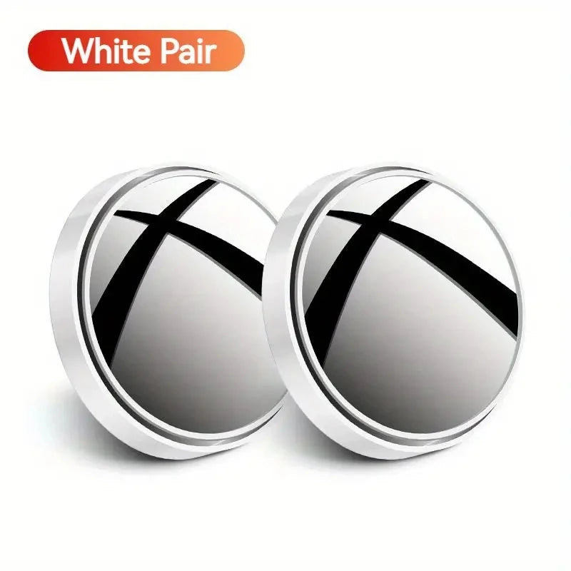 A pair of white blind spot mirrors with a cross design.