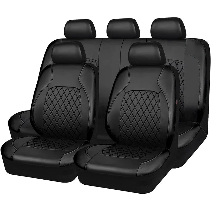 A set of five black PU leather car seat covers arranged side by side.