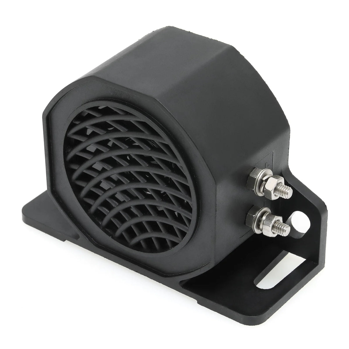 A black high-decibel reversing alarm horn for vehicles with a grille and mounting bracket.