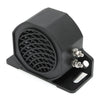 A black high-decibel backup horn for vehicles with a grille and mounting bracket.