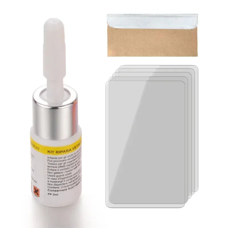 A small glass bottle of kit ripara vetro with a cardboard insert and a square resin sheet.