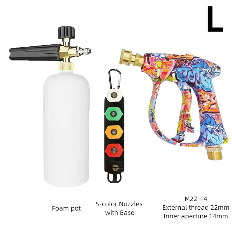 High-pressure foam water gun kit showing a white bottle, a black nozzle, and a multi-color foam gun with an M22-14 thread.