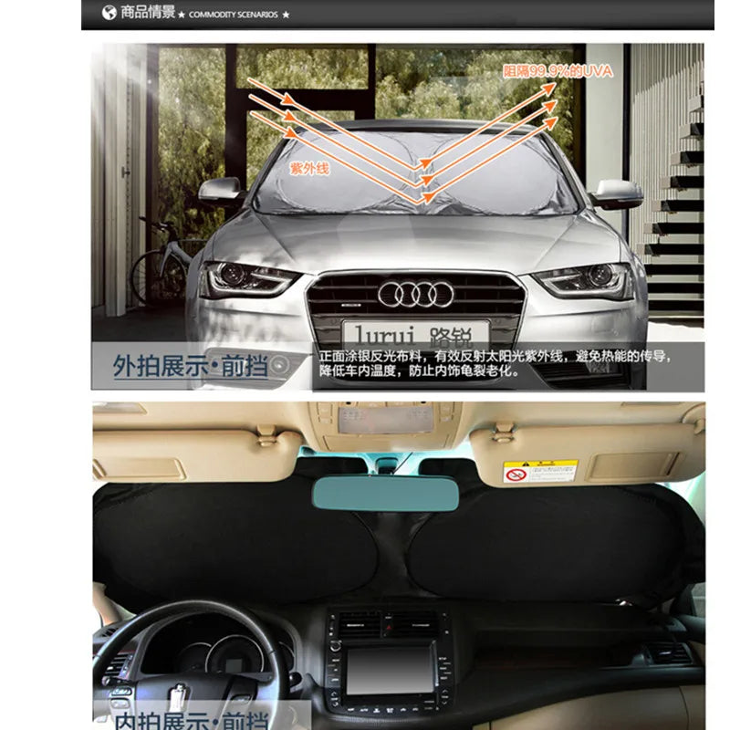 A folding car sunshade is shown protecting a car's windshield from UV rays, with close-ups of the product installation and us
