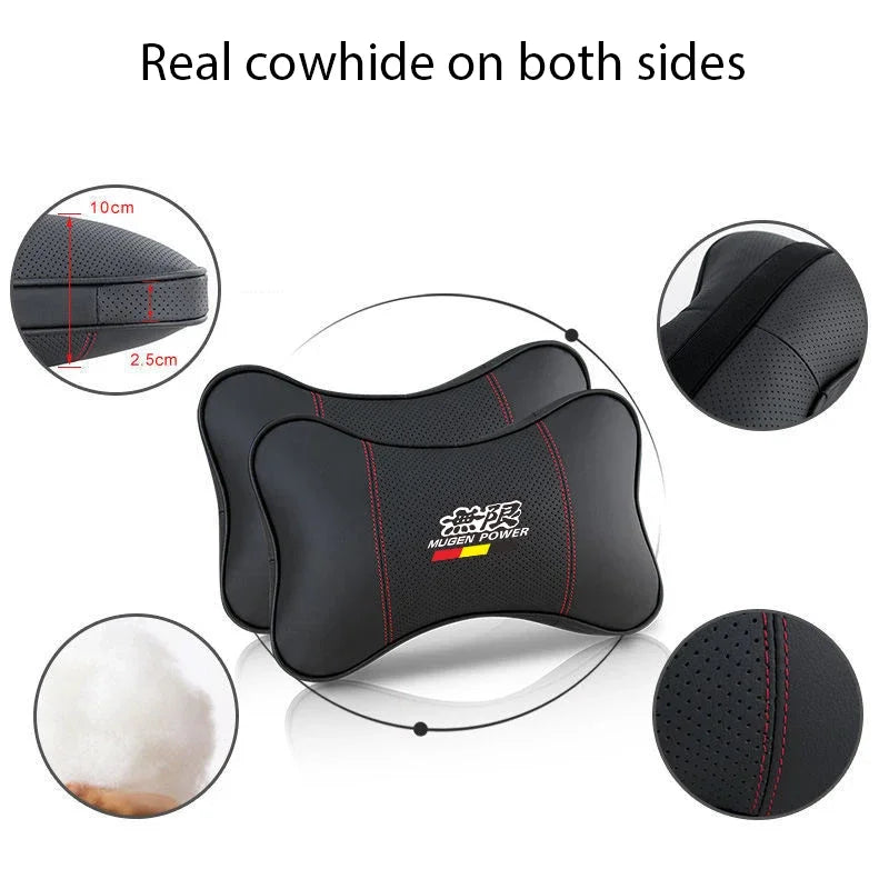 Black PU leather car headrest pillow seatbelt shoulder pad with red stitching on both sides