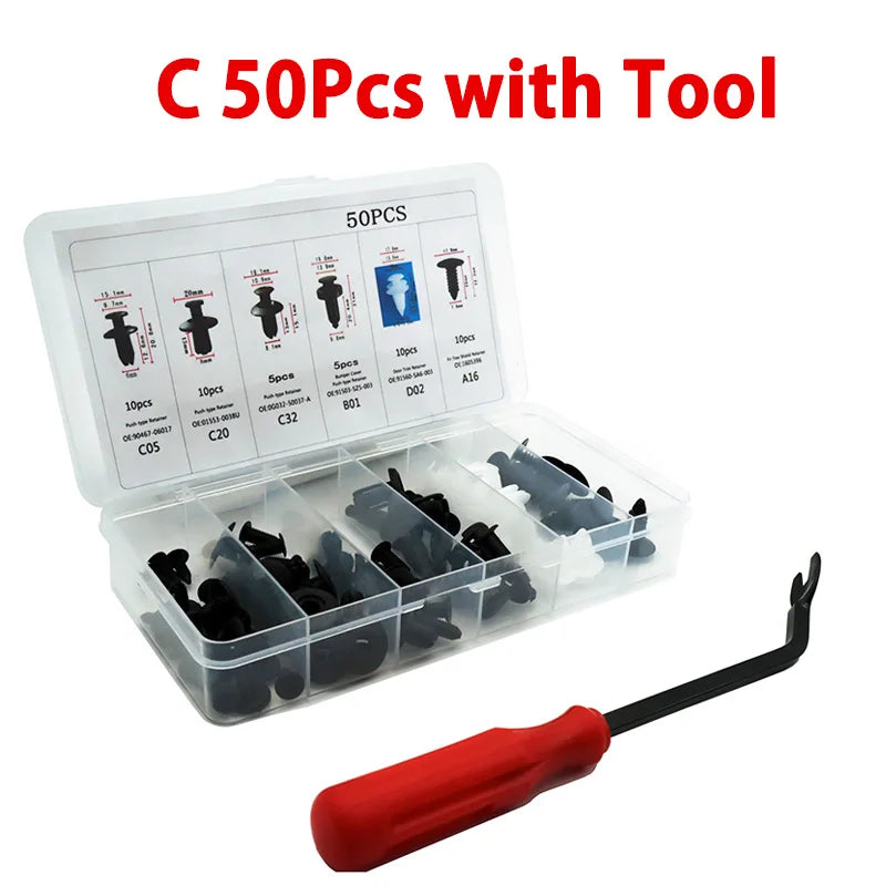 A box of 50 pieces of C clips with a tool and a black plastic tool for auto body repair