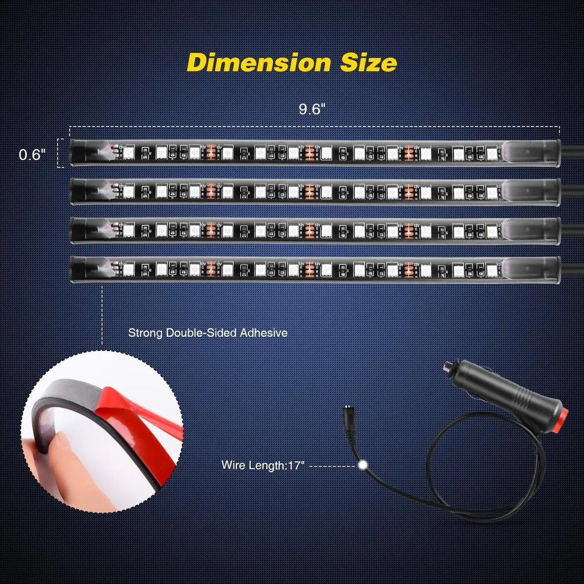 Trois rangées de lumières de garniture pour voiture sans fil multicolores avec double adhésif et connexion par fil