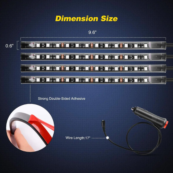 Three rows of multi-color wireless car strip lights with strong double-sided adhesive and a wire connection