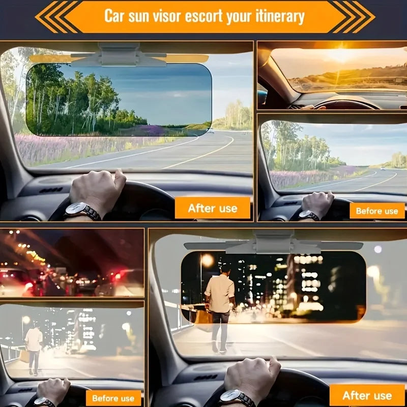 Demonstration of a dual-function anti-glare car sun visor used to escort an itinerary during driving.