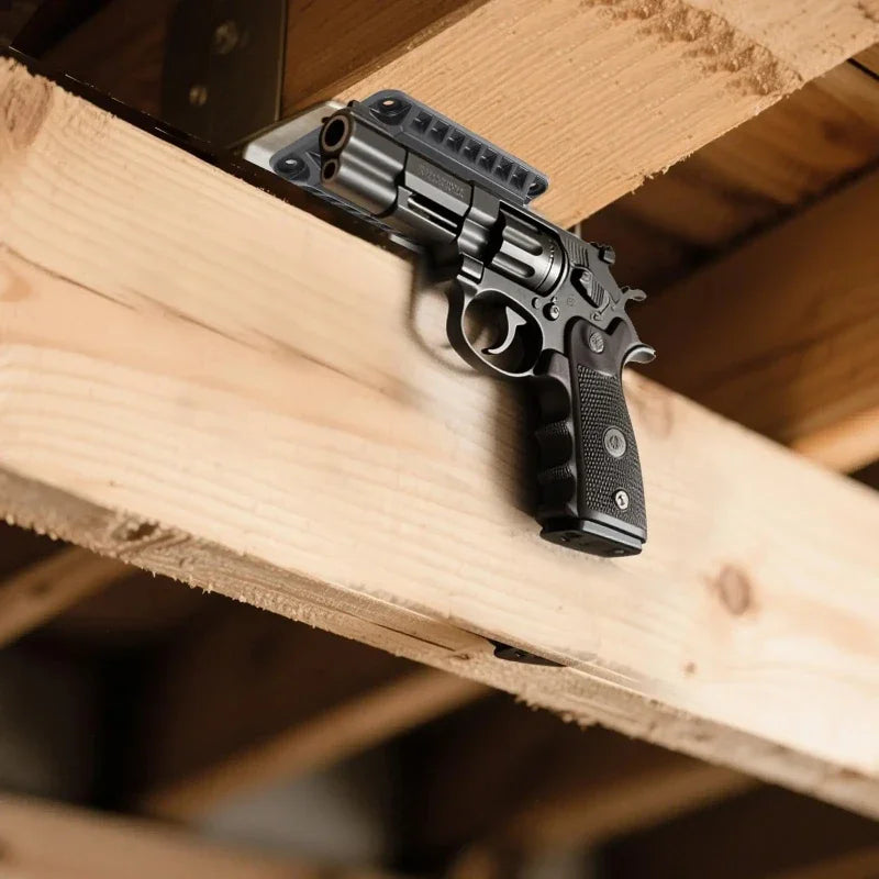 Une arme de poing noire est montée sur une étagère en bois ou une poutre.