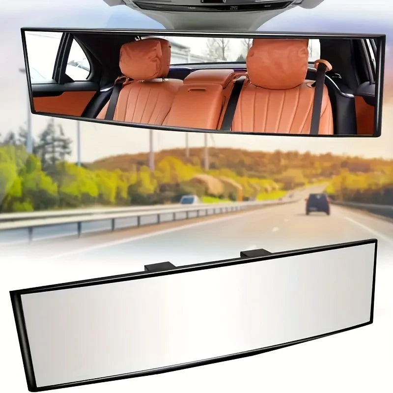 Anti-glare wide angle car mirror showing the interior of a car with orange leather seats