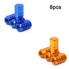 Eight durable aluminum valve caps in blue and orange colors.