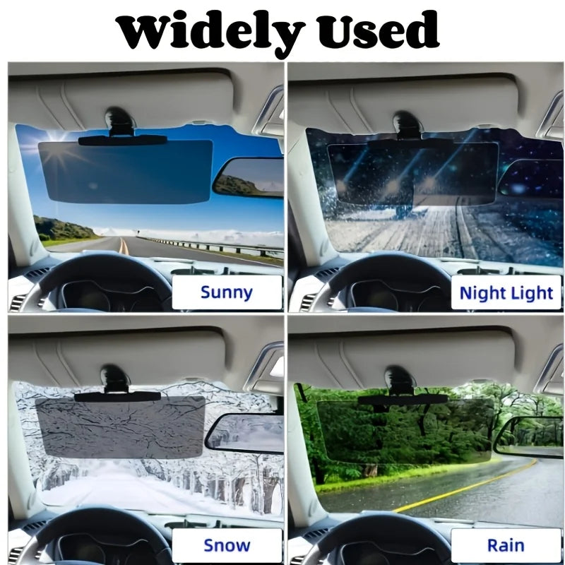 Four images showing the widely used adjustable polarized car sun visor extender in sunny, night light, snow, and rain conditi