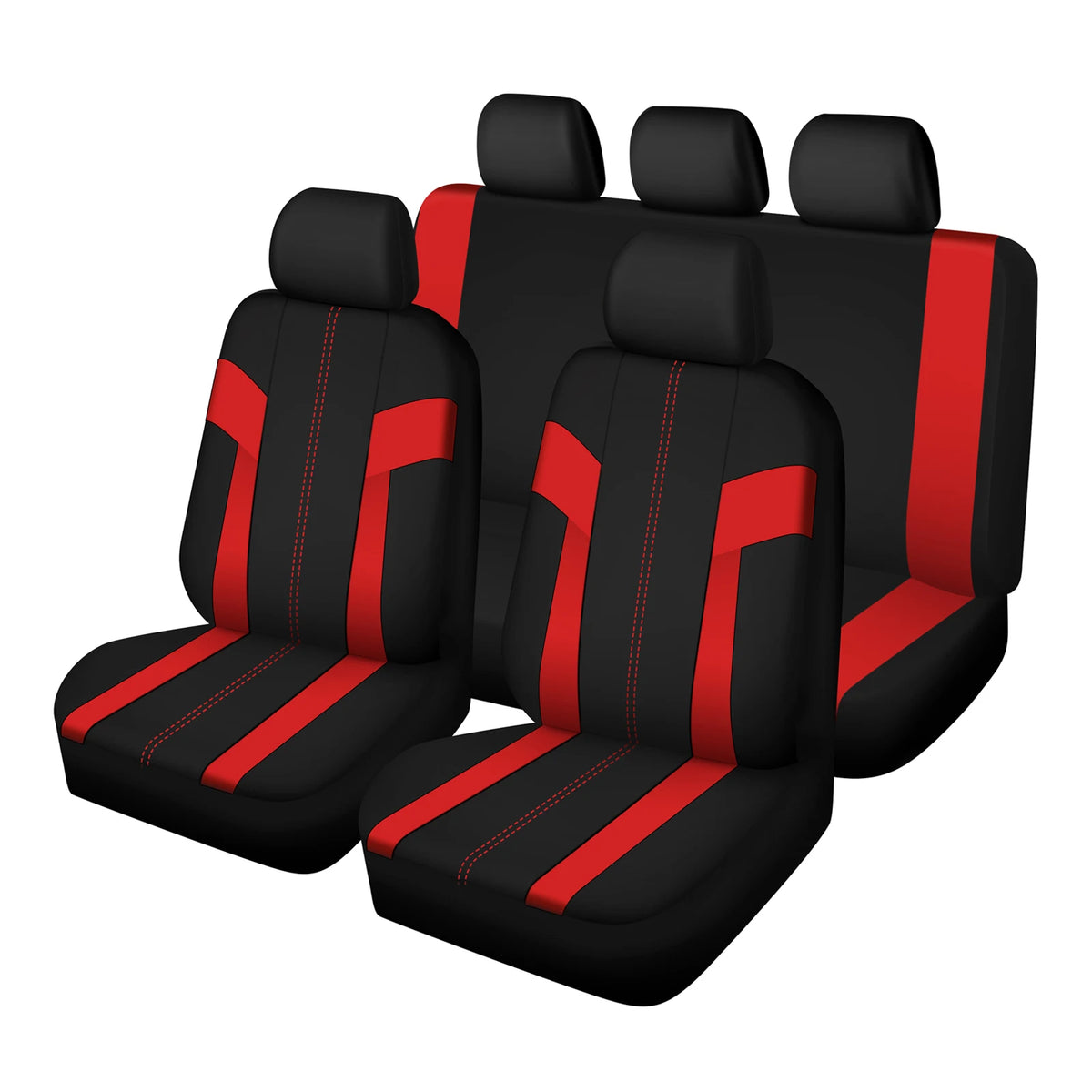 Un ensemble de quatre housses universelles pour sièges de voiture en polyester noir et rouge.