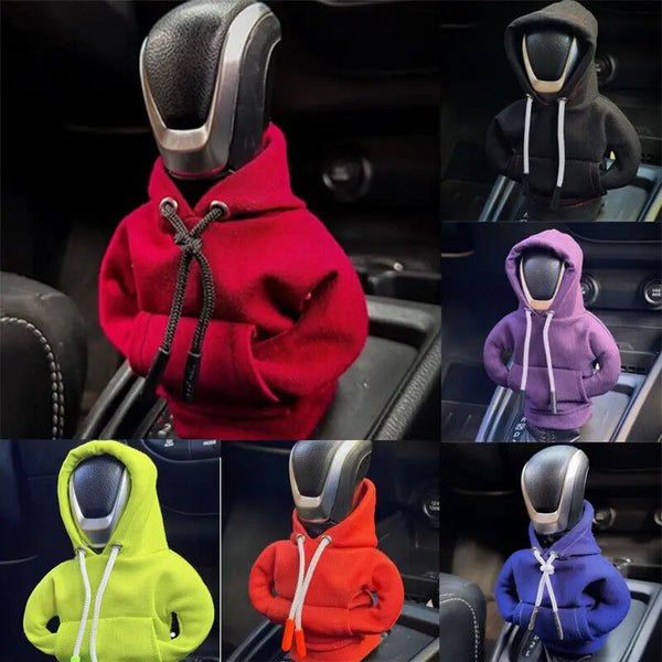 A collection of gear shift hoodie covers in various colors including red, purple, lime green, and blue.