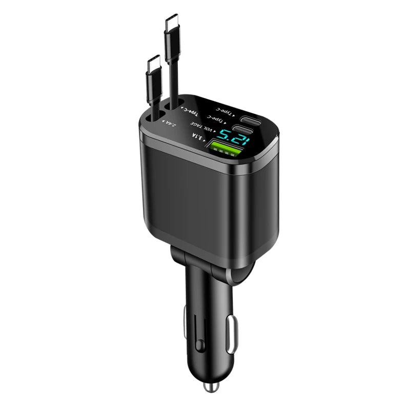 A black universal car charger with a retractable cable and a digital display showing 12.2 volts.