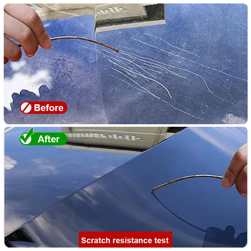Before and after comparison showing scratch resistance test on a car's surface with ceramic nano coating.