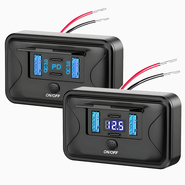 A black portable electronic device featuring four USB ports, a voltmeter display, and an on/off switch.