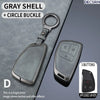 A gray shell car key case with a circle buckle and three buttons shown against a dark background.