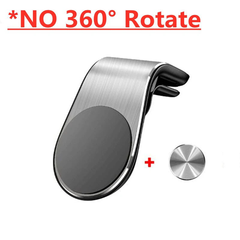Silver magnetic car phone mount with an air vent clip and a circular metal plate