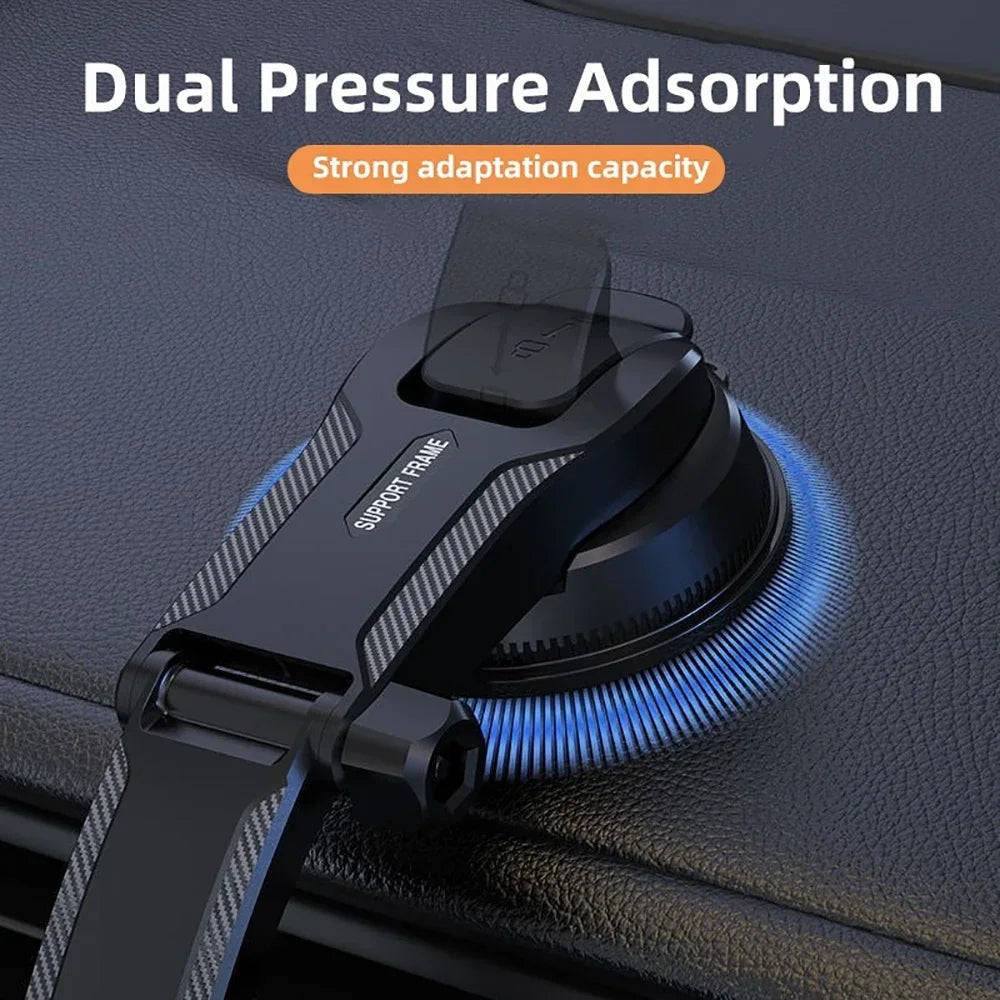 A black 360° rotatable car phone mount with an extension rod is shown on a dark surface.