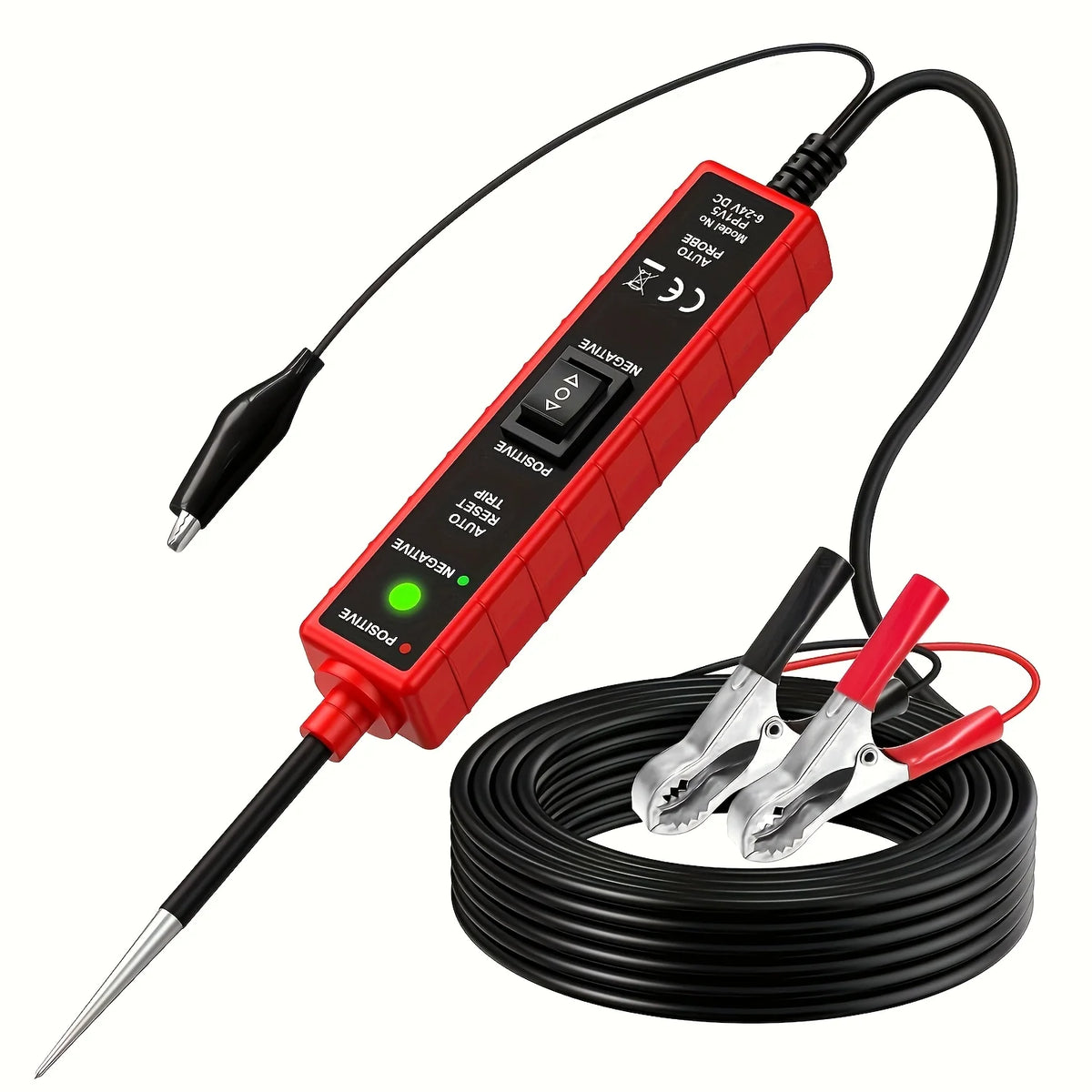 A red professional automotive electrical tester device with a probe and alligator clips coiled on black wire.
