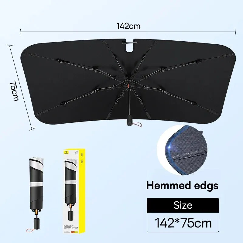 Black car windshield sun shade umbrella with hemmed edges shown flat and a separate component.