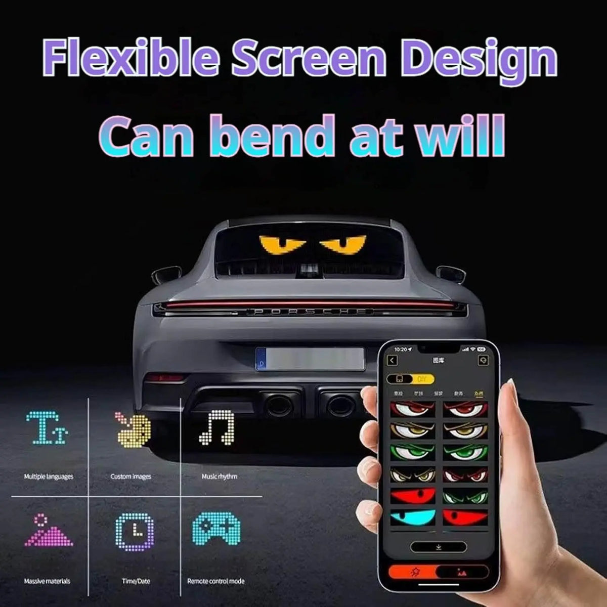 A hand holds a smartphone displaying an interface, with a car in the background demonstrating a flexible screen design.