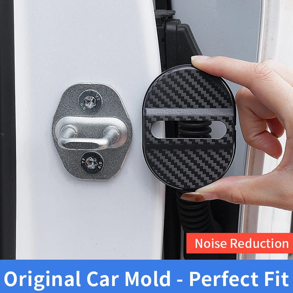 A hand is holding a black carbon fiber door lock protector cover designed for an original car mold fit.