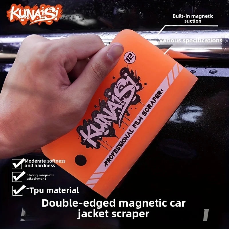 Orange double-edged magnetic car jacket scraper tool being used on a car surface.