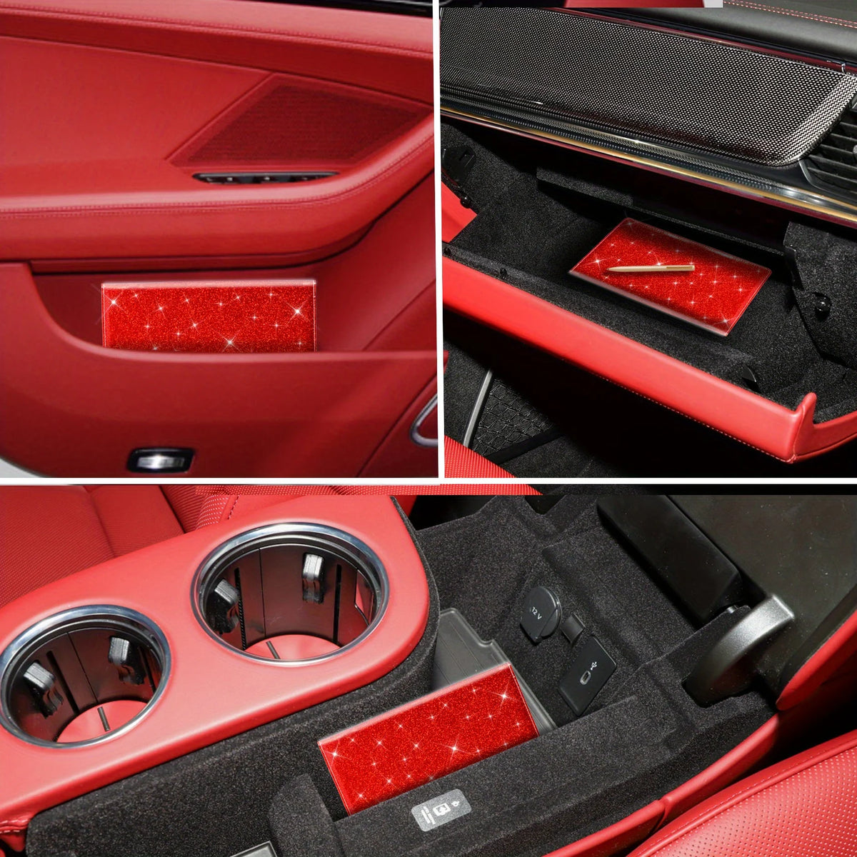 Interior view of a red car showing a leather card holder wallet for ID and license in the center console.