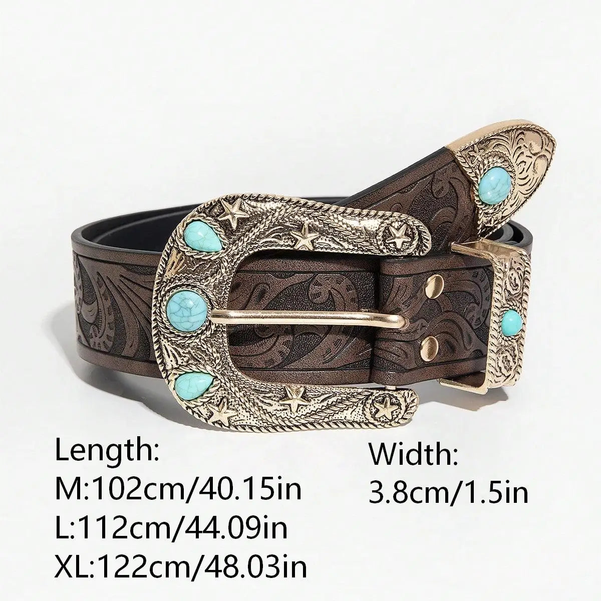 A vintage western PU leather belt with a gold-toned buckle and turquoise accents shown flat.
