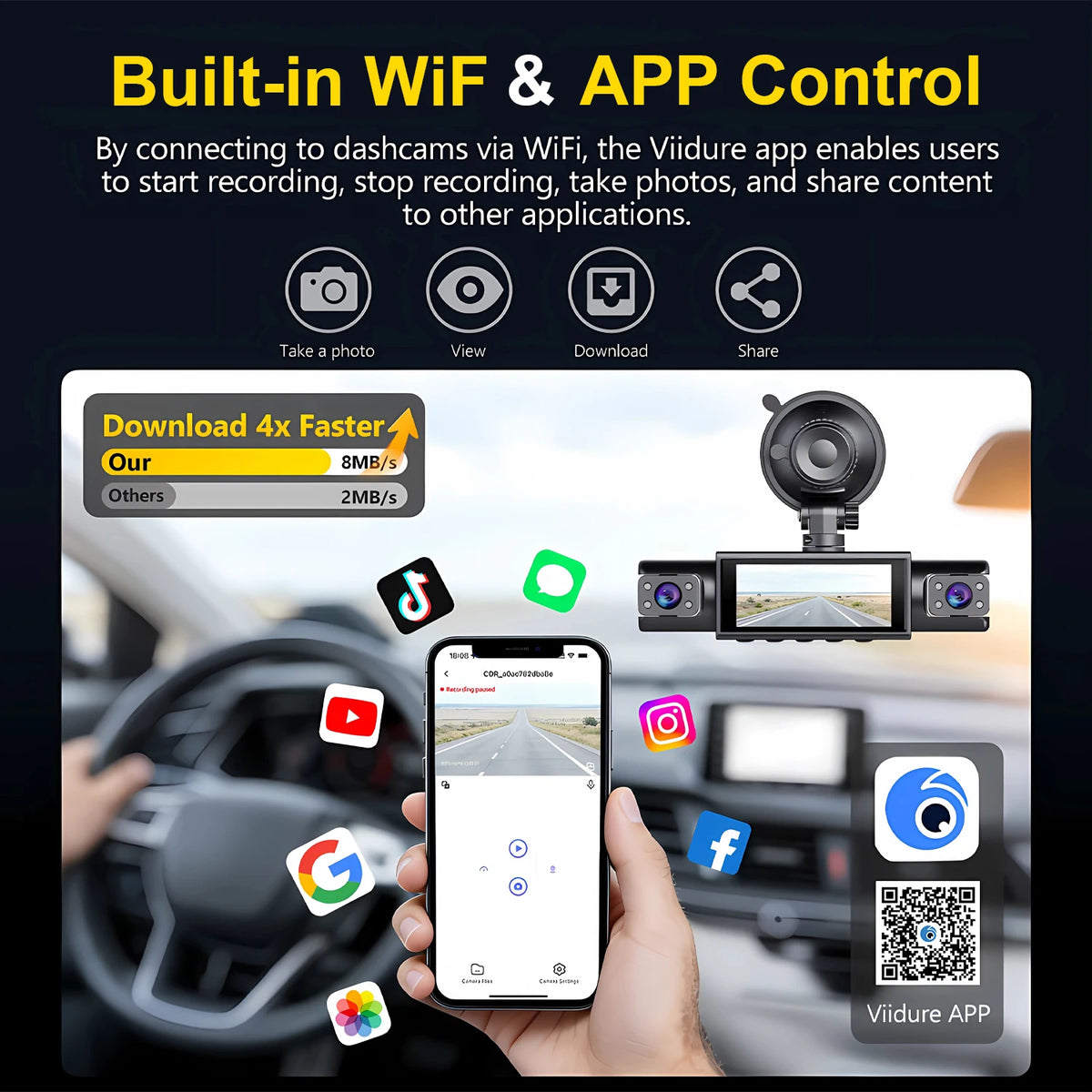 A hand holds a smartphone displaying the Viidure APP interface while a car dashcam is mounted on the dashboard.