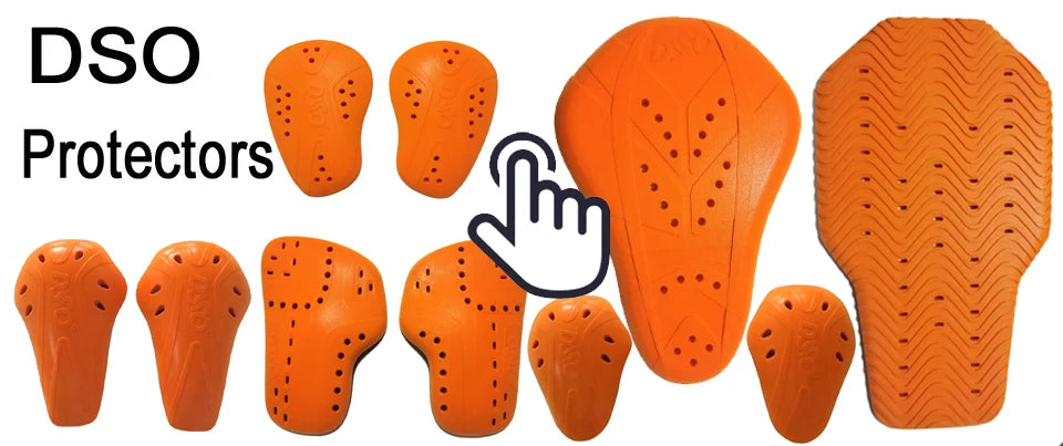 Various orange heavy-duty motorcycle protectors and covers shown in different shapes and textures.