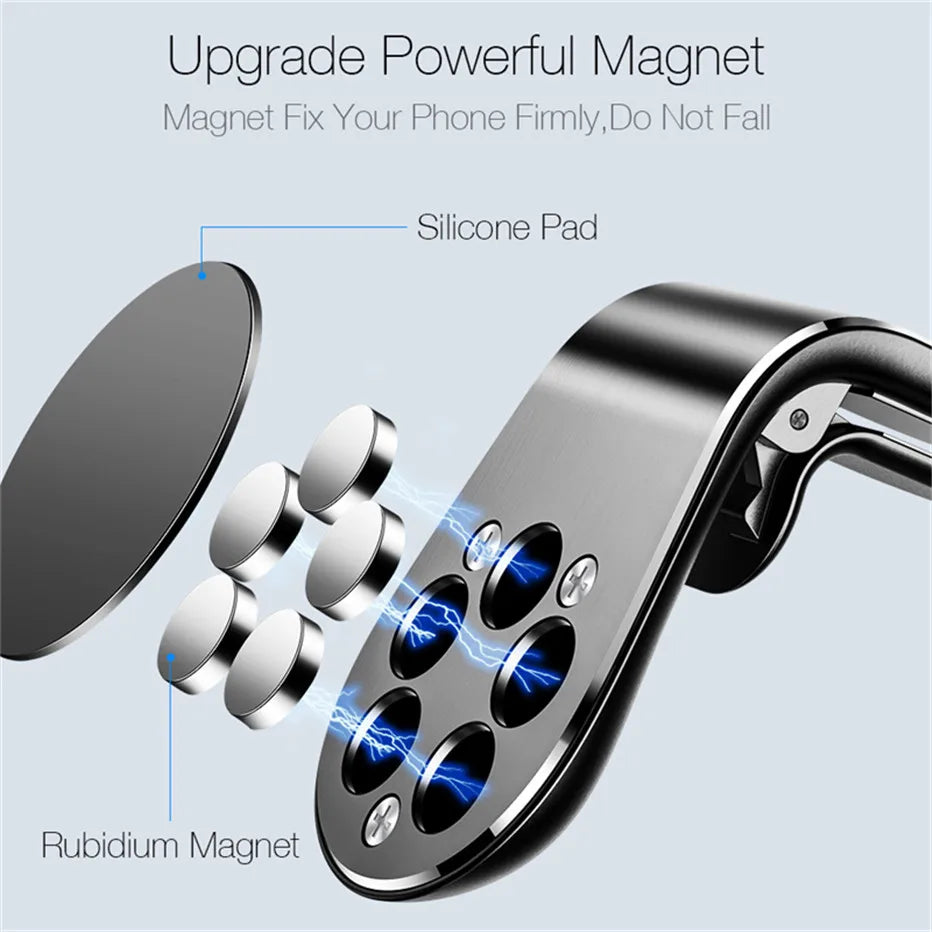 Close-up view of a magnetic phone mount featuring a rubidium magnet and silicone pad for secure grip.