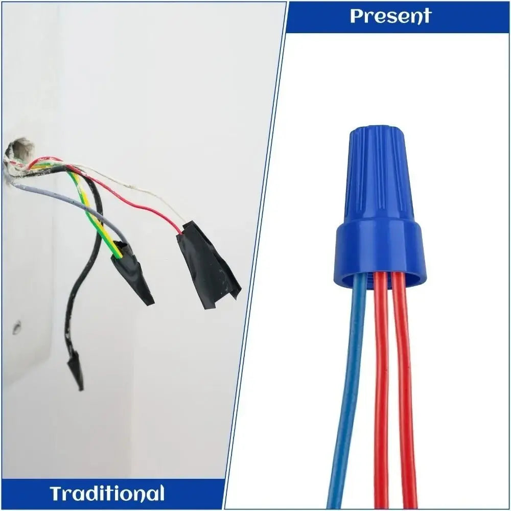 Comparison of present and traditional insulated wire connectors and nuts set.