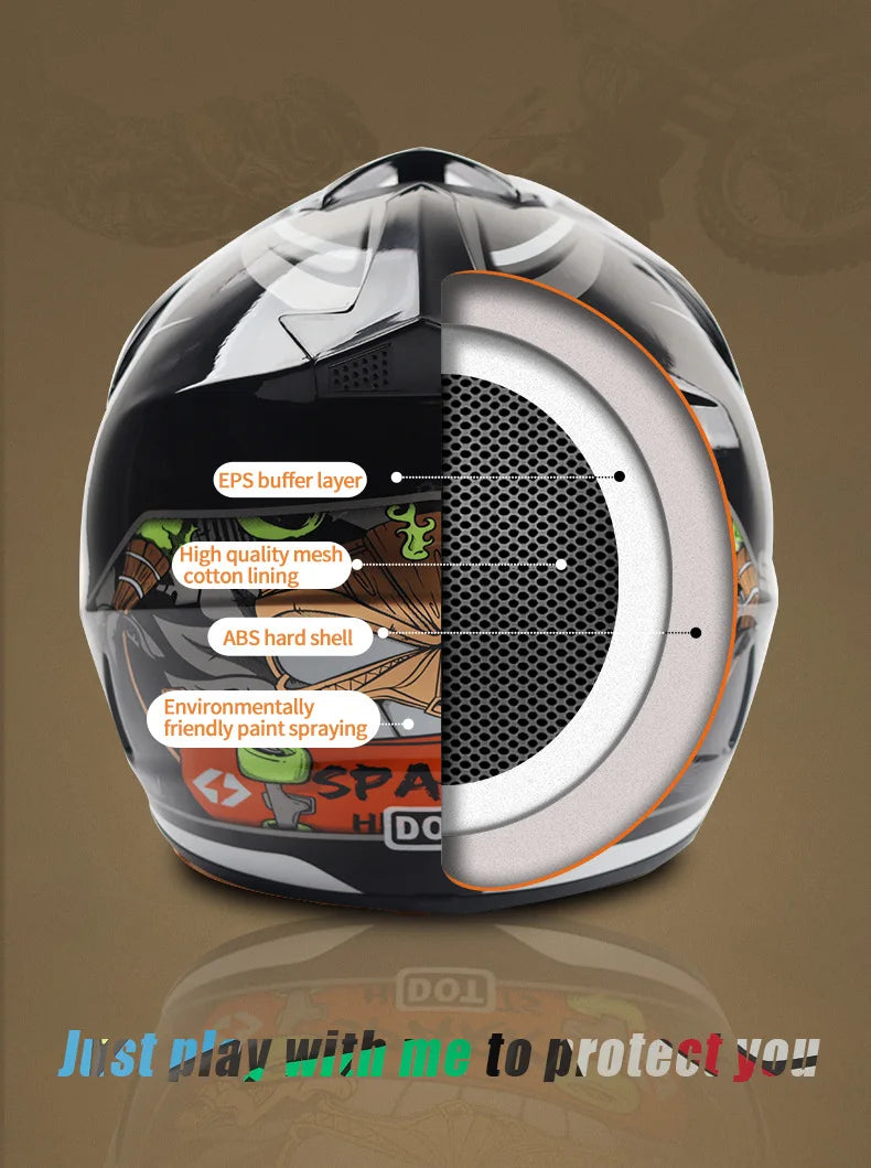 A black and silver kids and motorcycle off-road safety helmet showing internal layers like EPS buffer, mesh lining, and ABS h