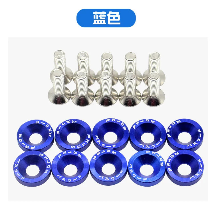 Un jeu de joints et de fixations hexagonales JDM de couleur bleue, comprenant diverses tailles de rondelles et de goujons hex