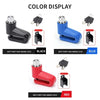A set of heavy duty motorcycle wheel disc brake locks in black, blue, and red colors shown with their corresponding key locks