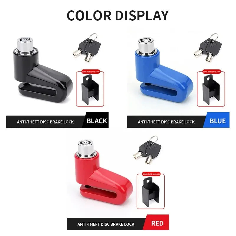 A set of heavy duty motorcycle wheel disc brake locks in black, blue, and red colors shown with their corresponding key locks