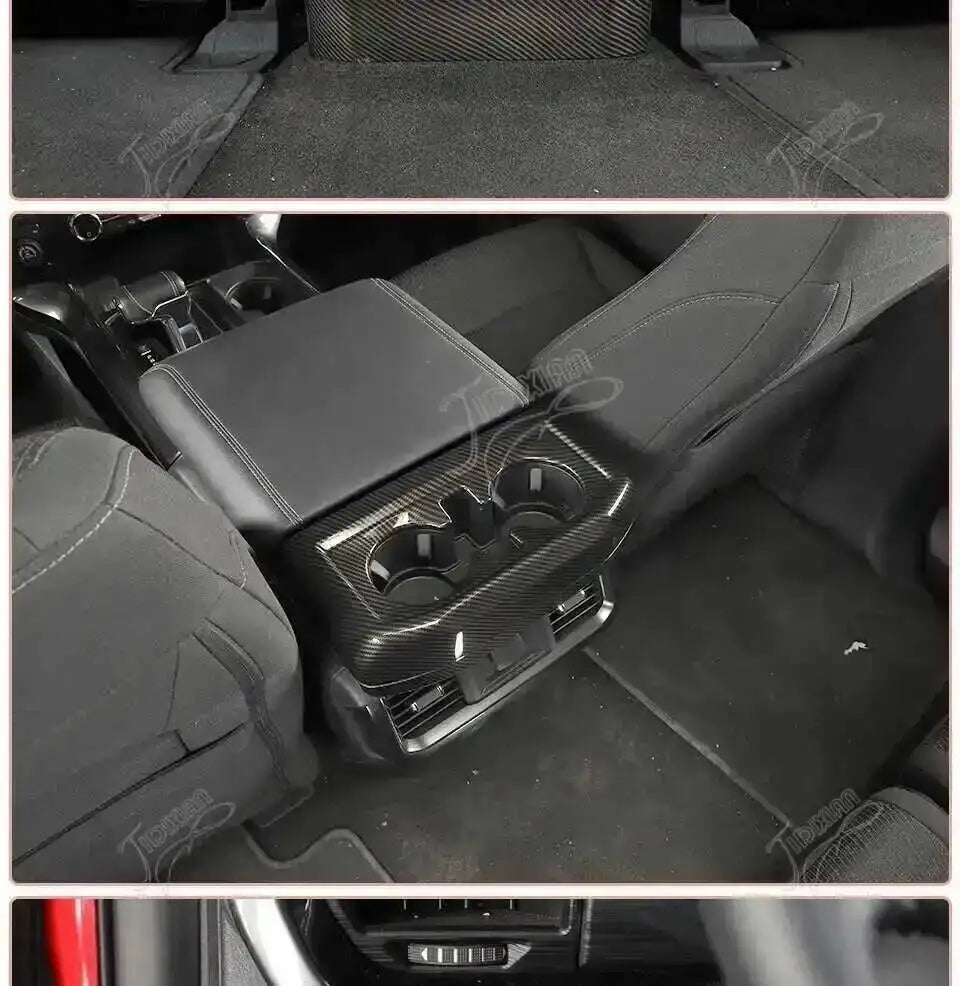 Close-up view of carbon fiber grain interior trim kit installed in a vehicle dashboard.