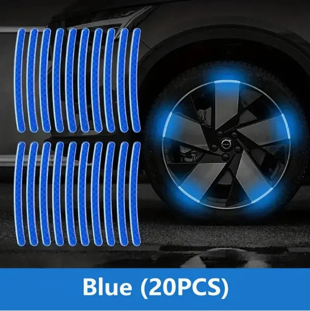 Blue reflective wheel hub decals showing parallel lines and a glowing wheel design