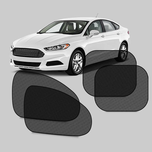 A white Ford Fusion car with black side window sunshade curtains mounted on the windows.