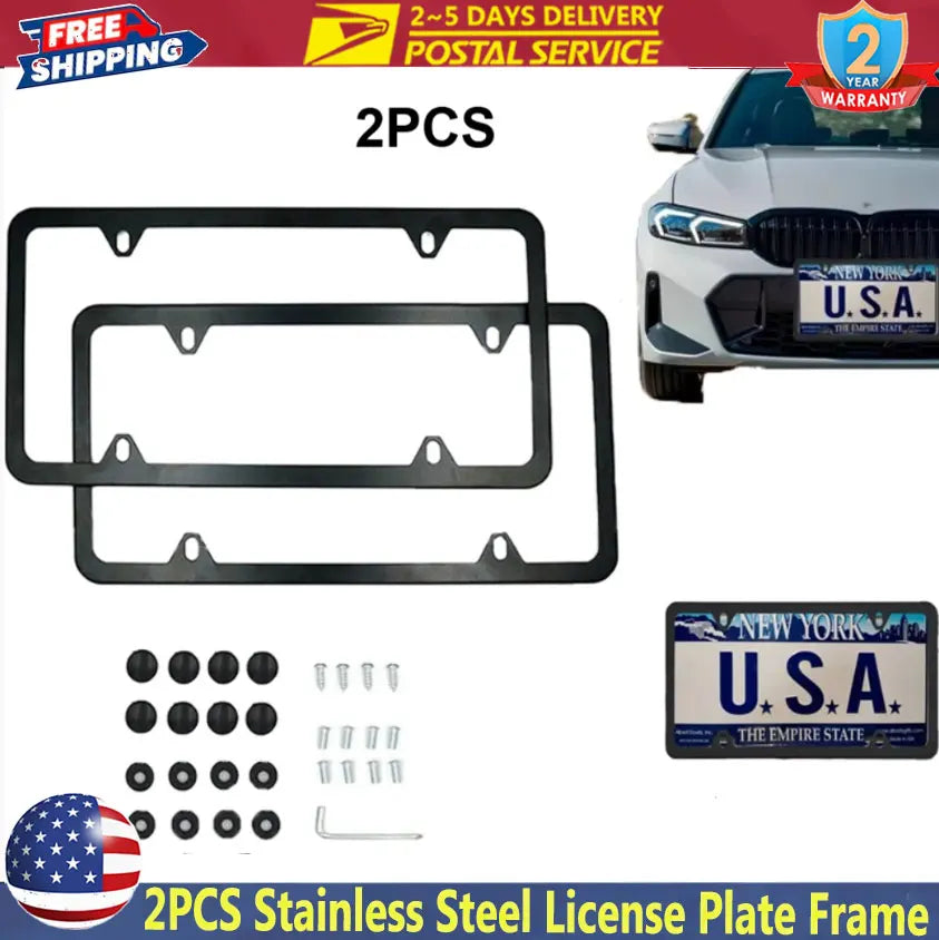 A set of two stainless steel license plate frames with mounting hardware for vehicle use.