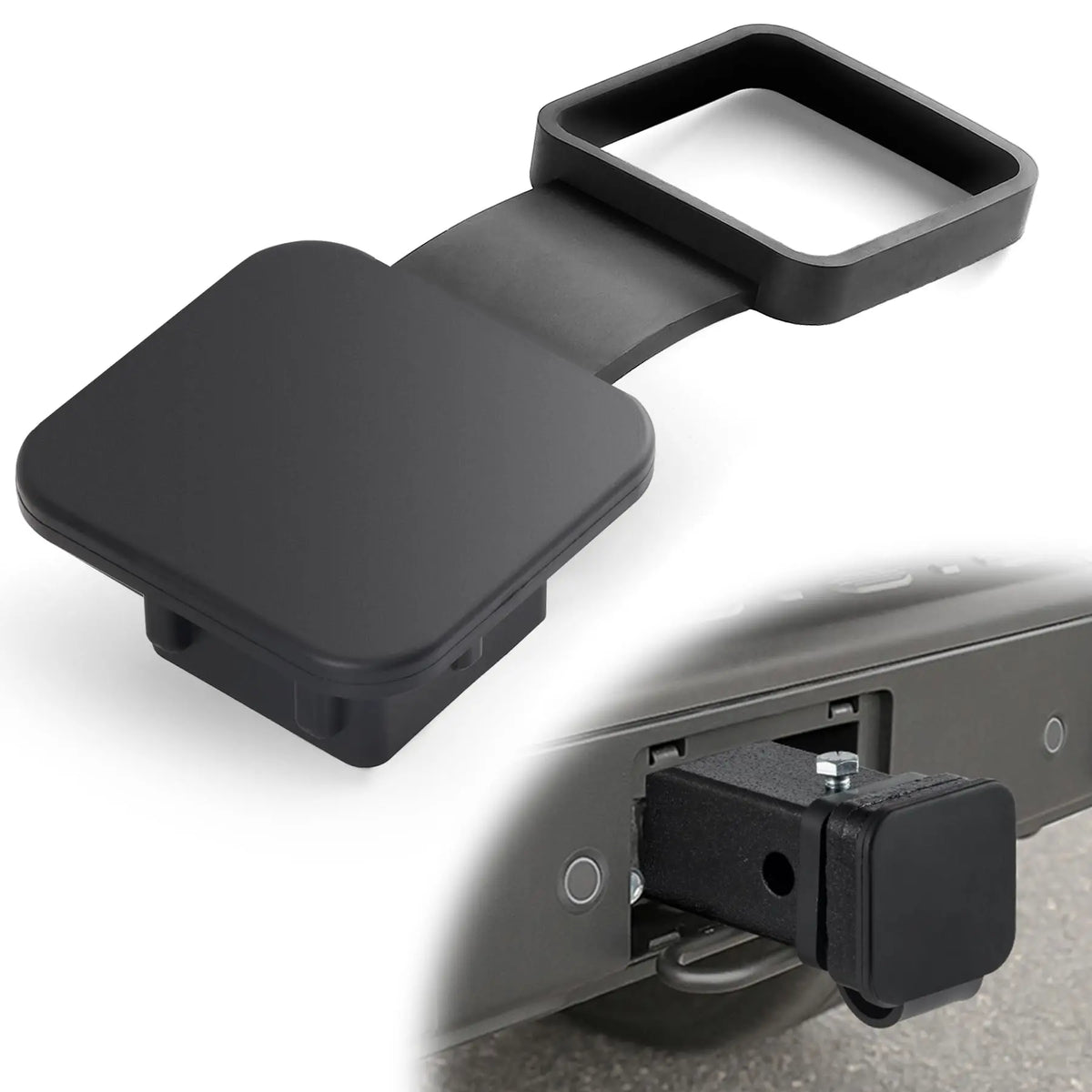 A black universal trailer hitch receiver cover with a handle, shown next to an open hitch receiver.