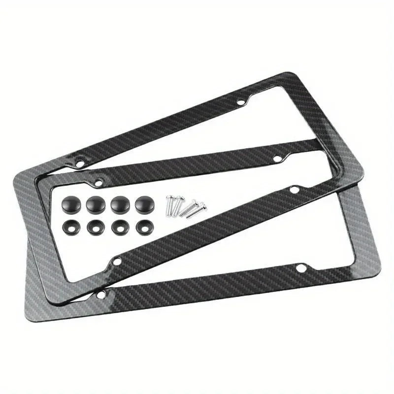 Black carbon fiber license plate frame with mounting hardware for a vehicle
