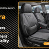 Comparación antes y después de la instalación de una funda para asiento de coche de cuero marrón oscuro.