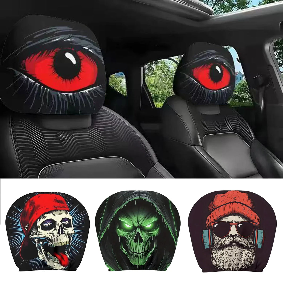 Tres diseños con calavera y ojo rojo en fondo negro para fundas de reposacabezas de coche